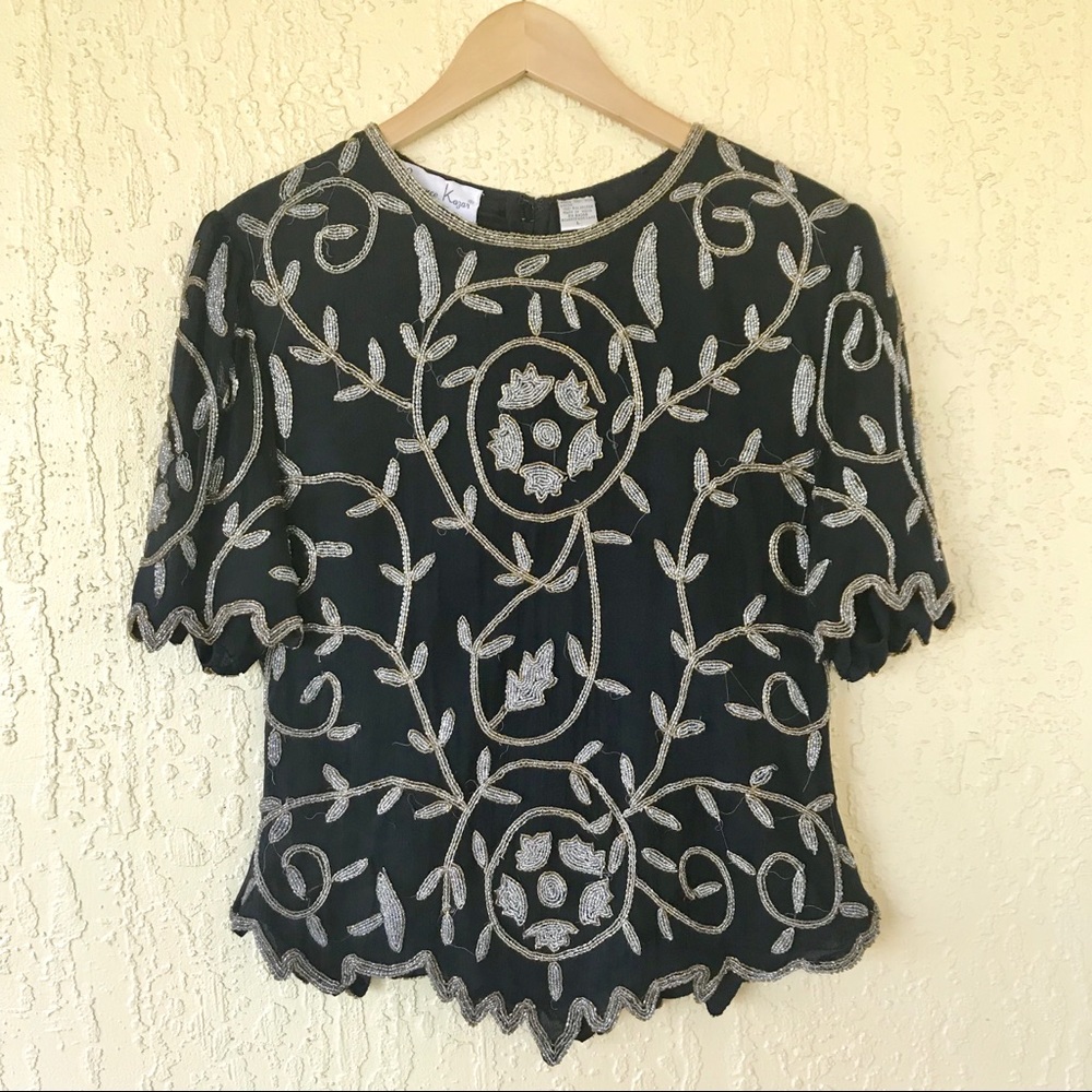 Laurence Kazar |Beaded & Sequined Short Sleeve Top